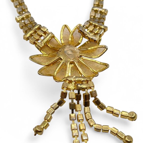 Vintage French Rhinestone Gold-Tone Sunflower Necklace with Glittery Drop - Picture 5 of 7